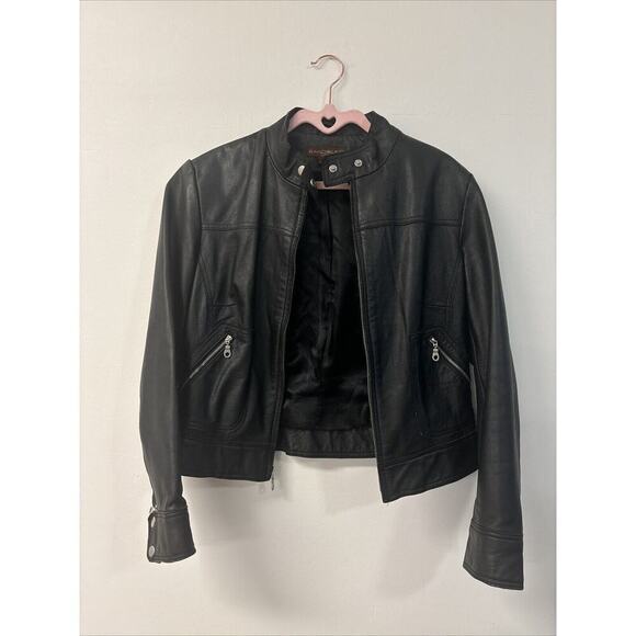 Y2K Bandolino Black Leather Jacket Moto Racing Sz Med Vintage Coat Classic Cool - Picture 2 of 4